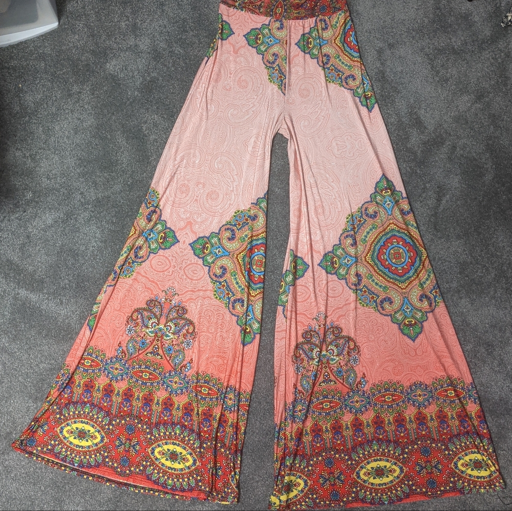 True Light Bohemian Paisley and Multicolored Pattern Stretch Palazzo Pants
